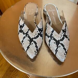 Linea Paolo Snakeskin Look Black & Cream Mules w/ Clear Band Pointed Toe